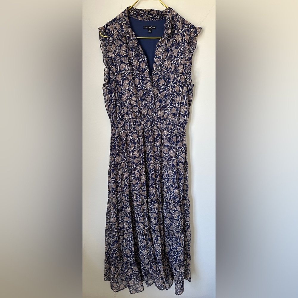 Sam & Jess Blue Floral Cottagecore Prairie Long Flowy Lined Maxi Dress Sz Large
